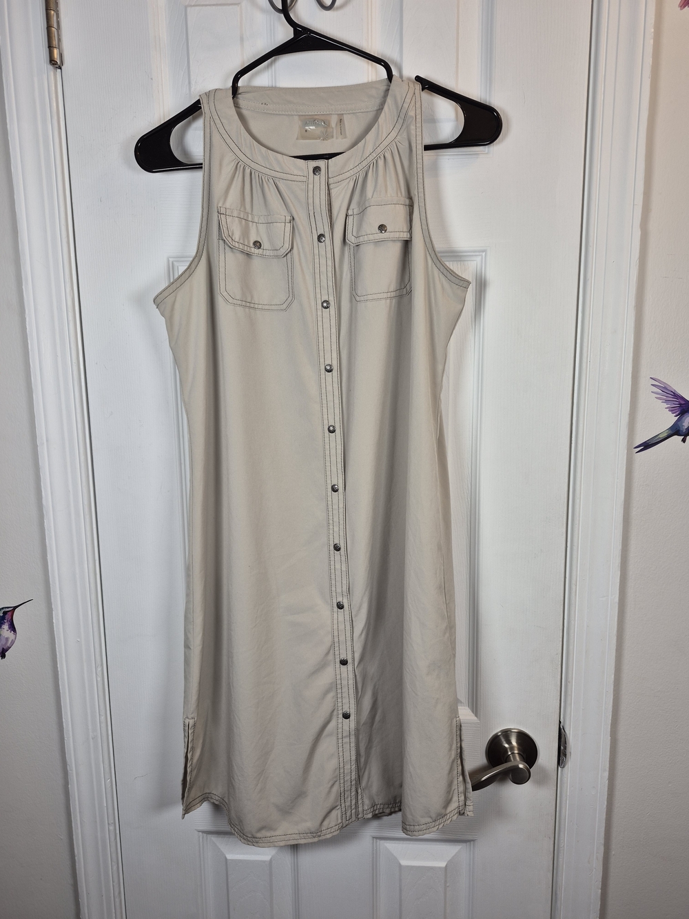 Athleta Shaper Utility Shirt Dress Sleeveless Snap Button Khaki Beige Mini 6